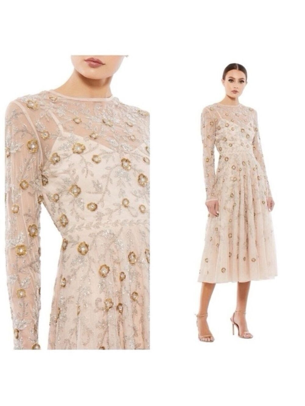 Mac Duggal Floral Embroidered Long Sleeve Dress in Cream and Gold